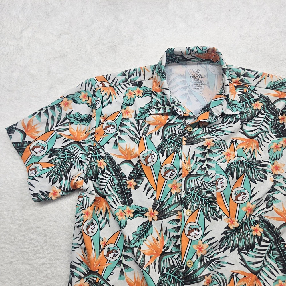Buc-ee's Mens Small Tropical Surf Beaver Floral Button Up Shirt Short Sleeve SM